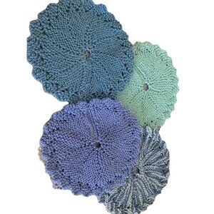 Hand Crocheted Decorative Blue Shades Potholders Set - Round Design - 8 Inches